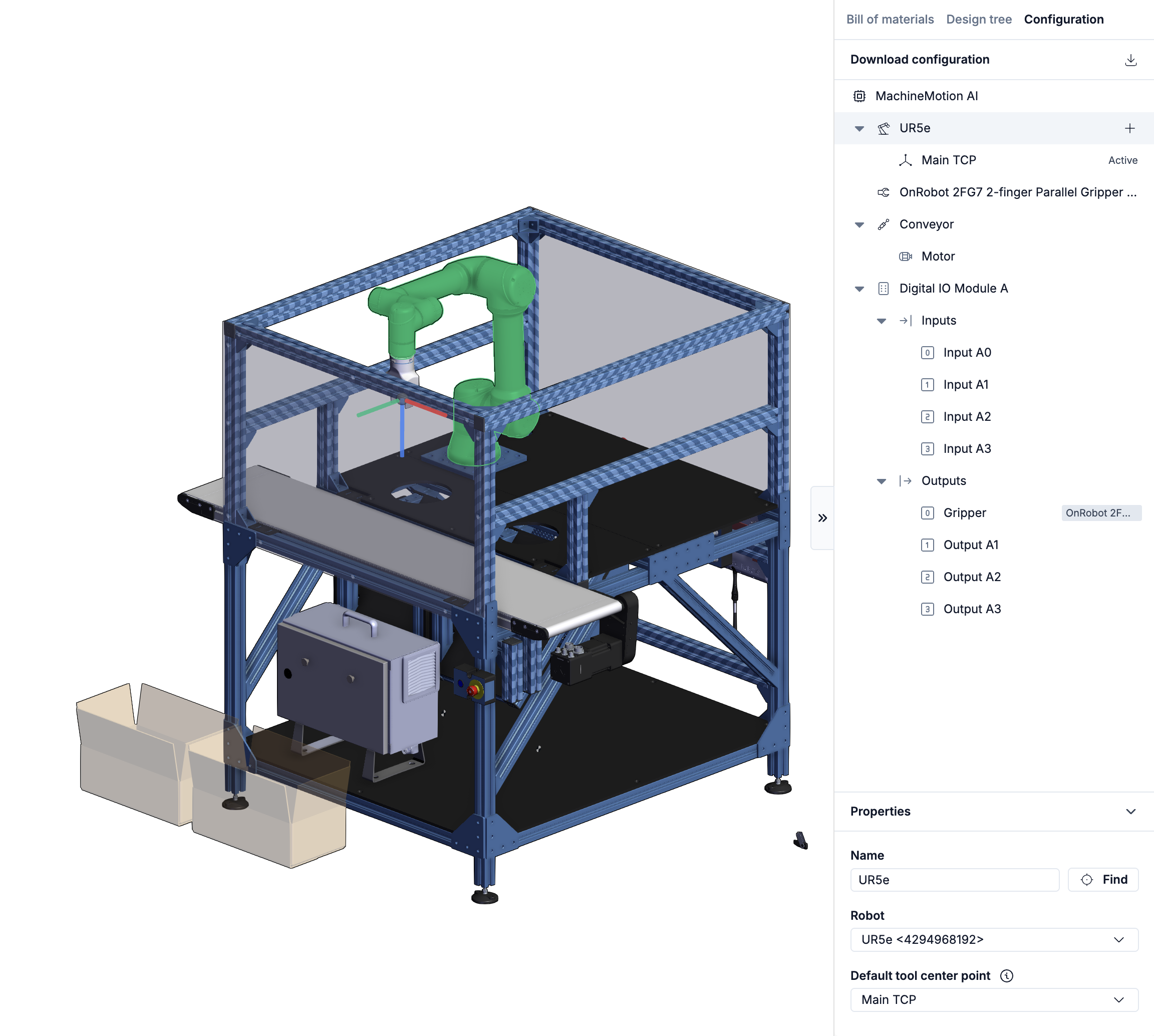 A robotic arm operates above a conveyor system with input and output configurations.